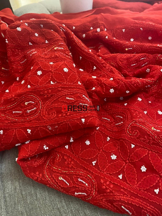 Red Chikankari & Pearl Kurta Dupatta Set Suits