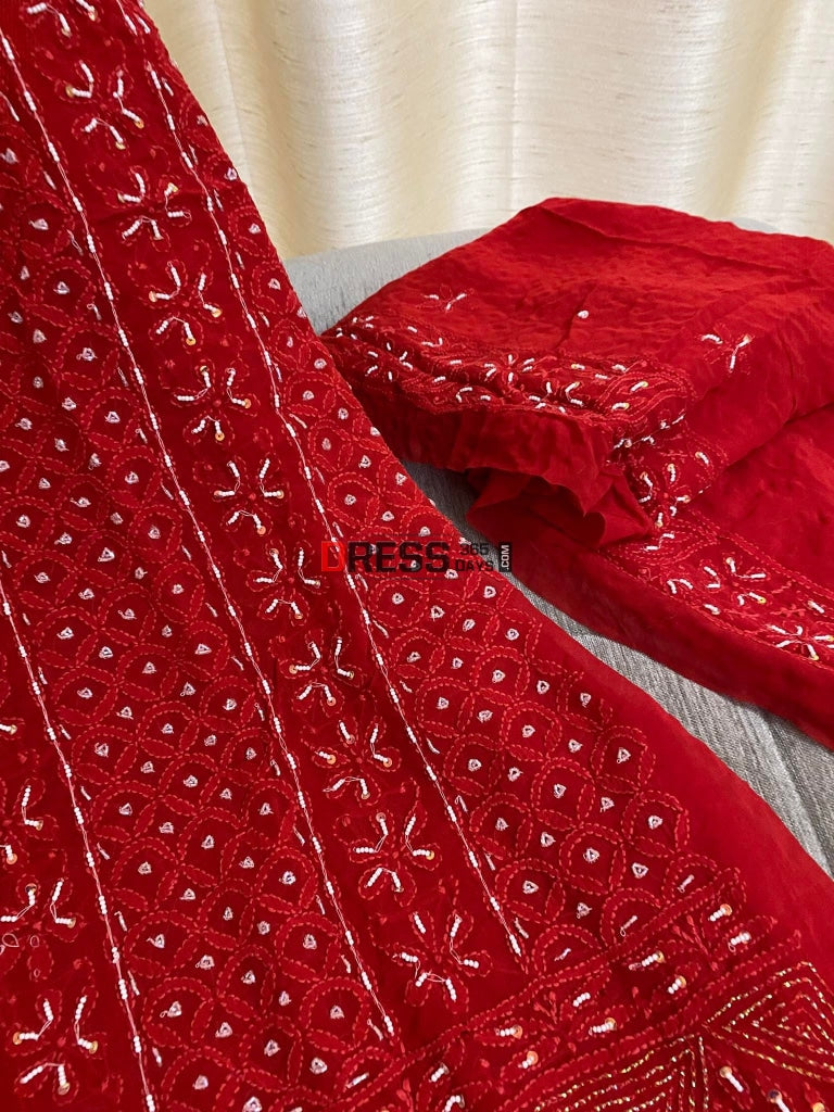 Red Chikankari Pearl Kurta Dupatta Set Suits