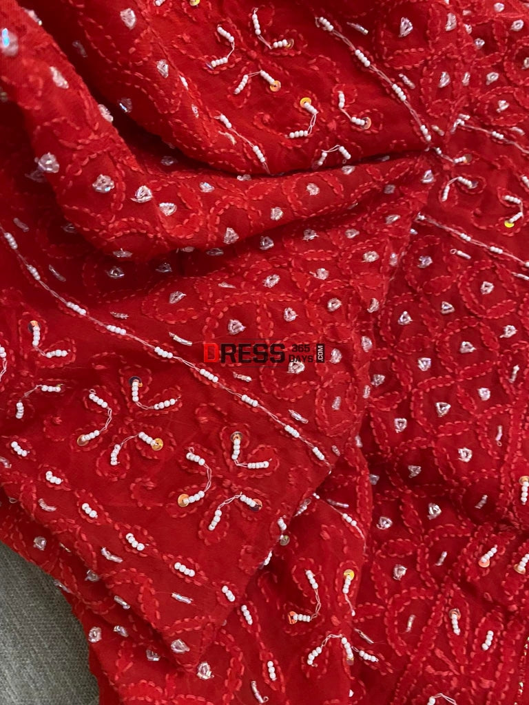 Red Chikankari Pearl Kurta Dupatta Set Suits