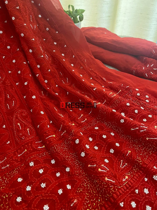 Red Chikankari & Pearl Kurta Dupatta Set Suits