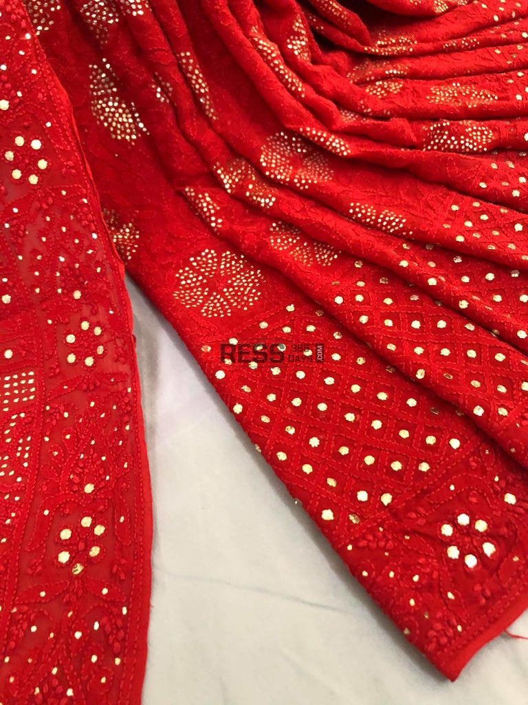 Red Chikankari Saree With Kamdani