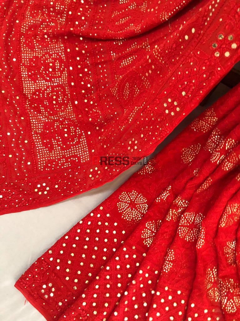Red Chikankari Saree With Kamdani