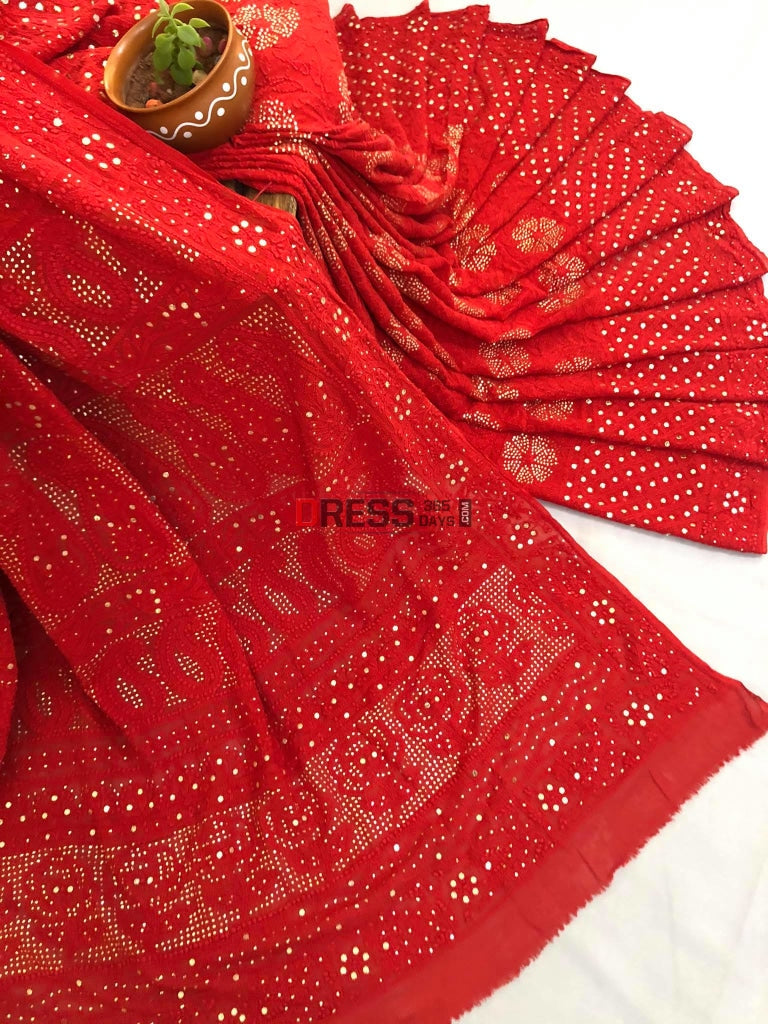 Red Chikankari Saree With Kamdani