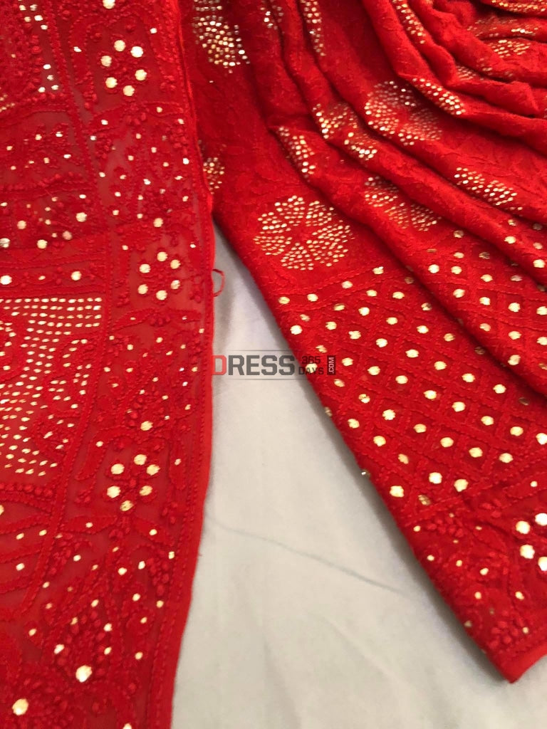 Red Chikankari Saree With Kamdani