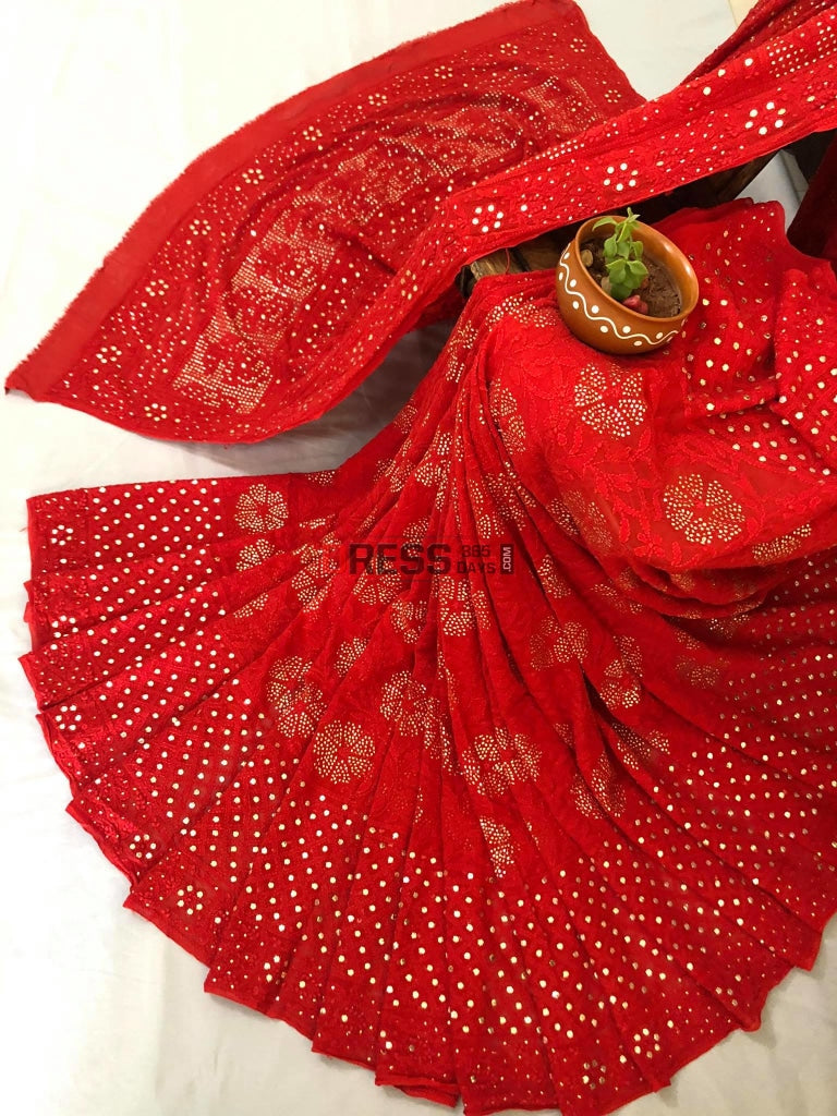 Red Chikankari Saree With Kamdani