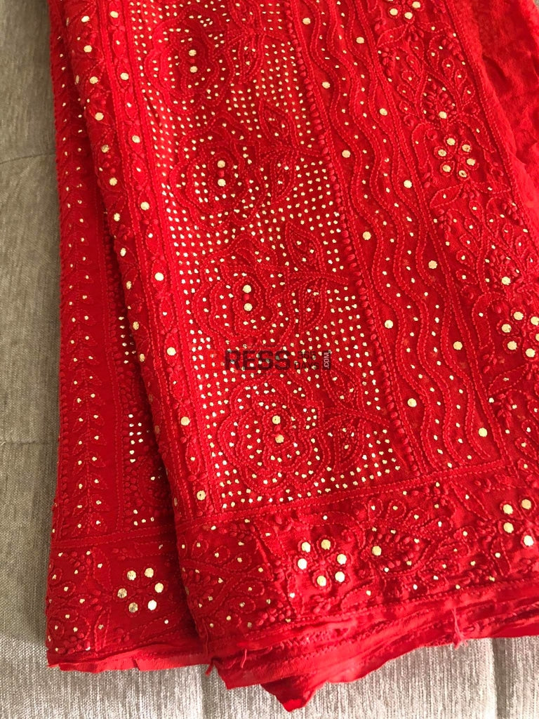 Red Chikankari Saree With Kamdani