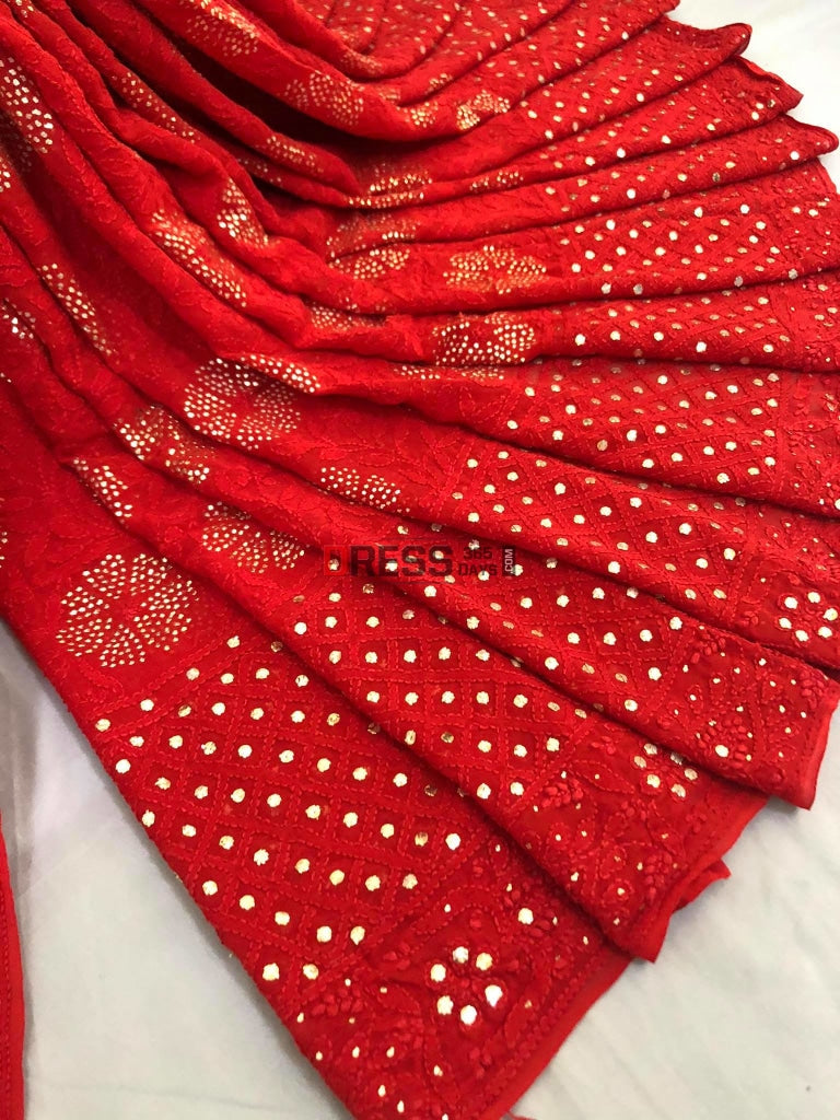 Red Chikankari Saree With Kamdani