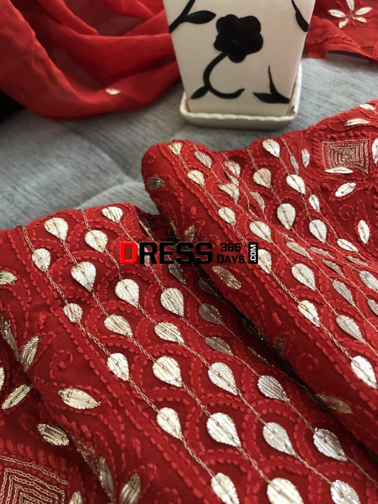 Red Gota Patti Lucknowi Suit Chikankari Suits
