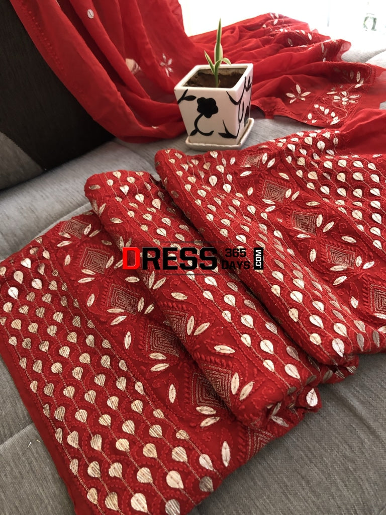 Red Gota Patti Lucknowi Suit Chikankari Suits
