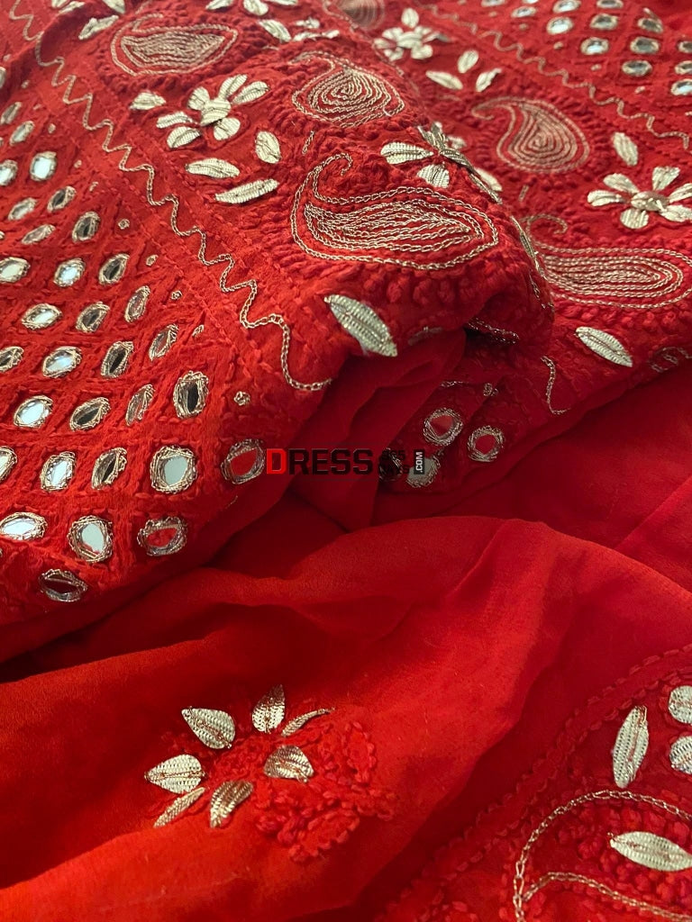 Red Gota Patti & Mirror Chikankari Suit Suits