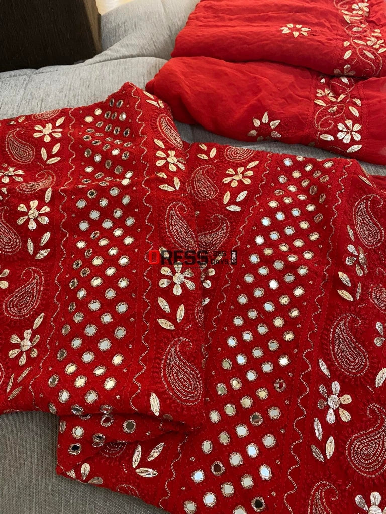 Red Gota Patti & Mirror Chikankari Suit Suits