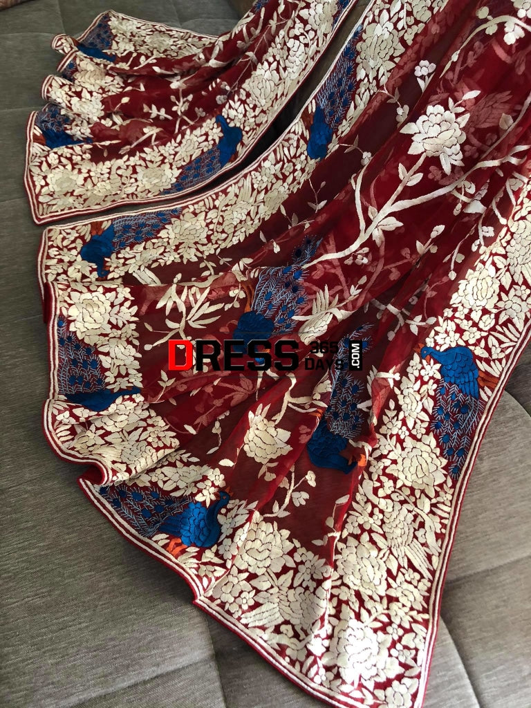 Red & Ivory Hand Embroidered Parsi Gara Dupatta