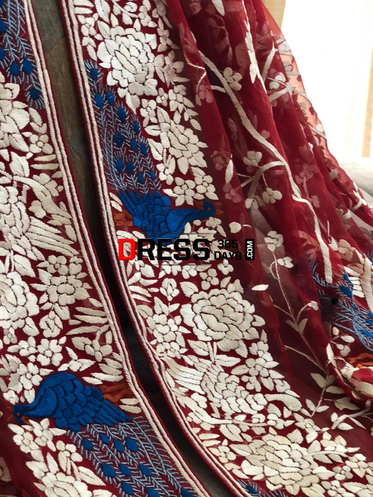 Red & Ivory Hand Embroidered Parsi Gara Dupatta