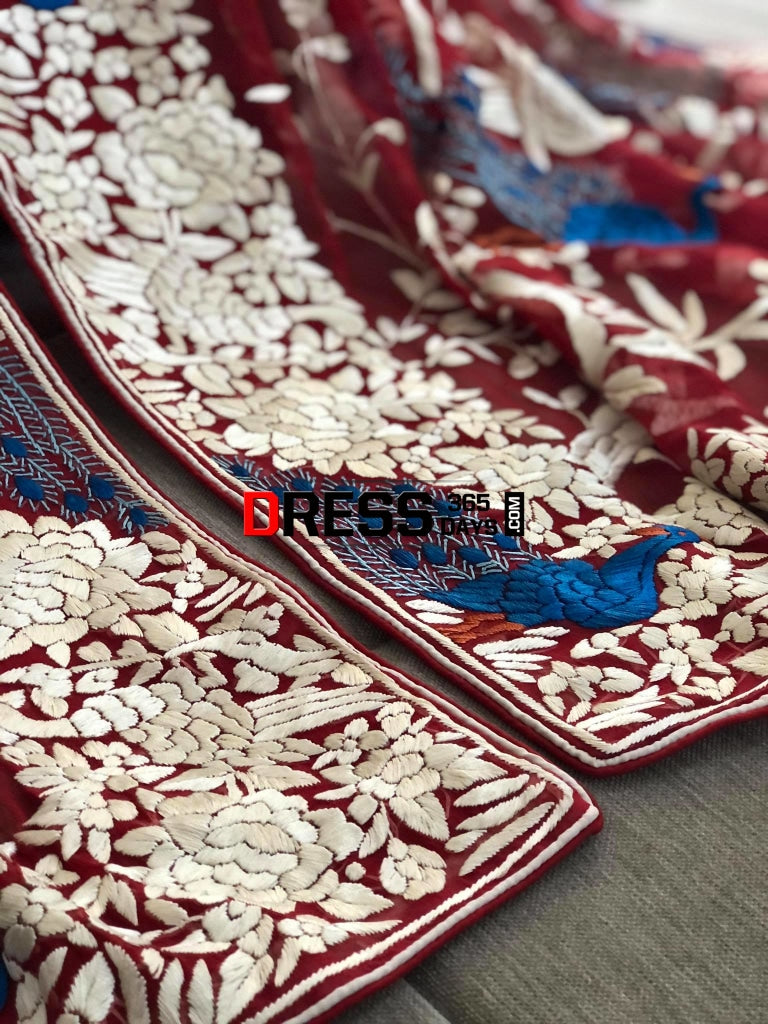 Red & Ivory Hand Embroidered Parsi Gara Dupatta