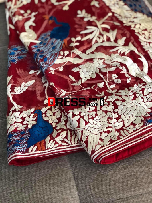 Red & Ivory Hand Embroidered Parsi Gara Dupatta