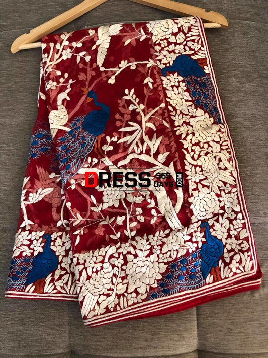 Red & Ivory Hand Embroidered Parsi Gara Dupatta