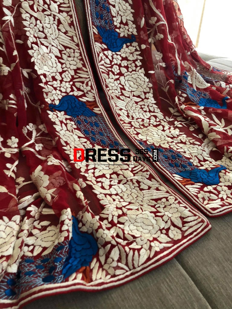 Red & Ivory Hand Embroidered Parsi Gara Dupatta