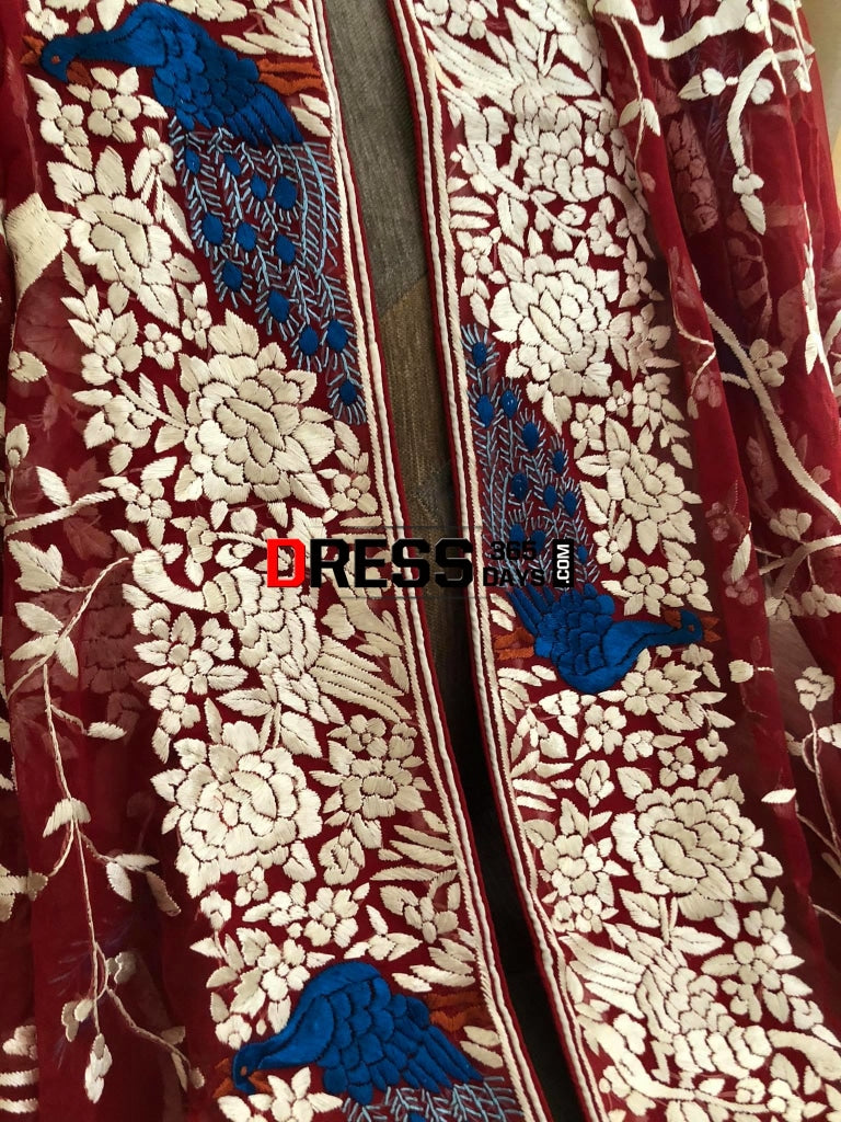 Red & Ivory Hand Embroidered Parsi Gara Dupatta