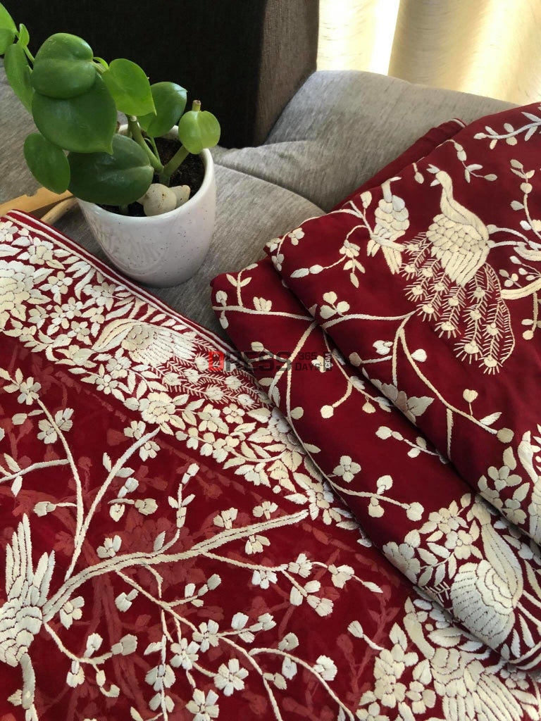 Red & Ivory Parsi Gara Hand Embroidered Three Piece Suit Suits