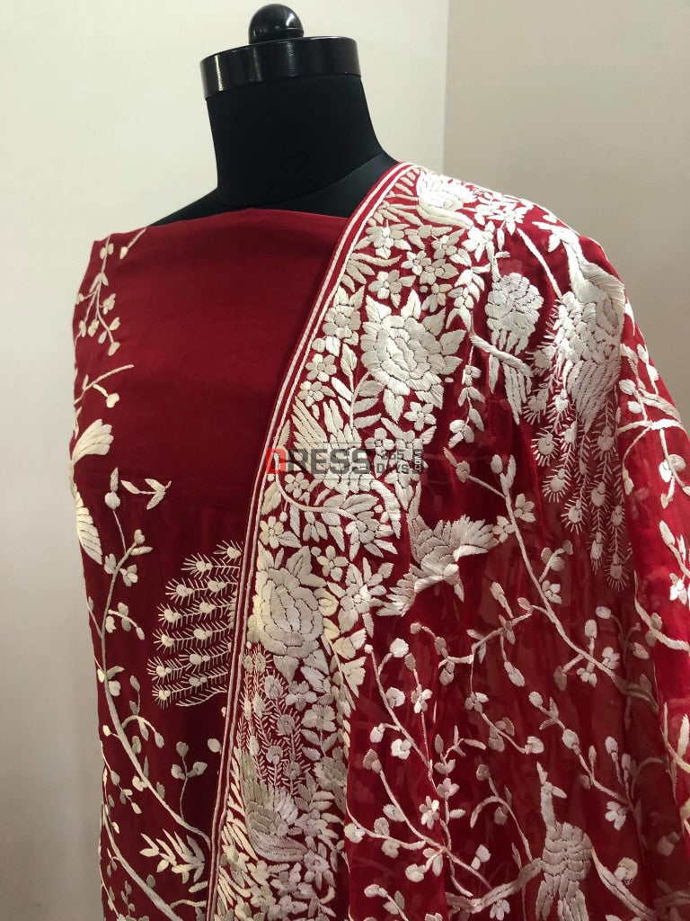 Red & Ivory Parsi Gara Hand Embroidered Three Piece Suit Suits