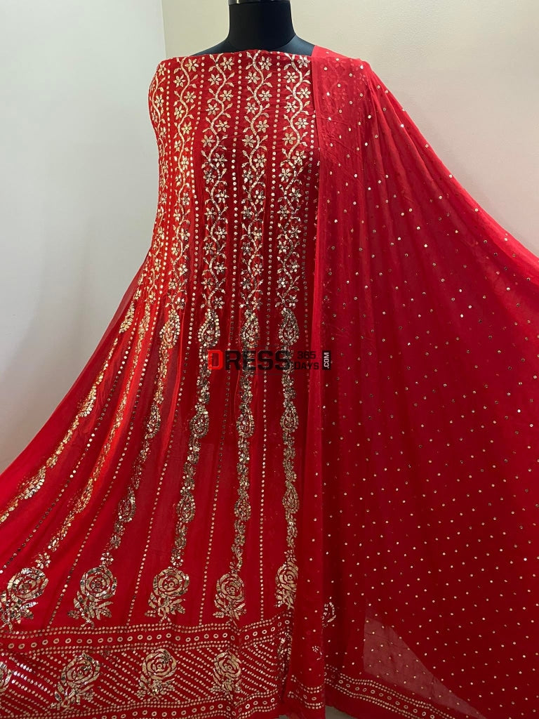Red Kamdani Anarkali Suit Chikankari