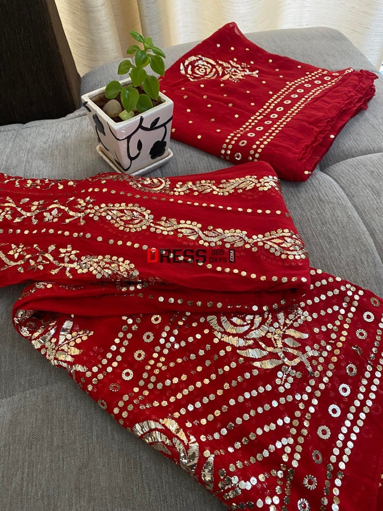 Red Kamdani Anarkali Suit Chikankari