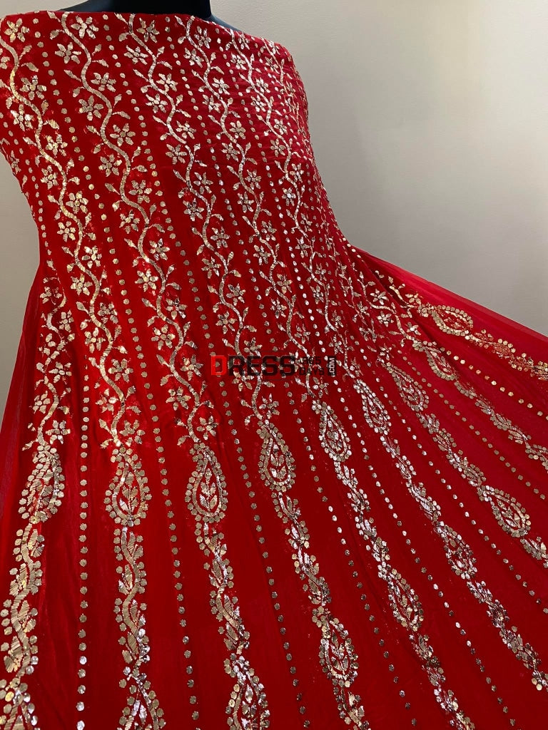 Red Kamdani Anarkali Suit Chikankari