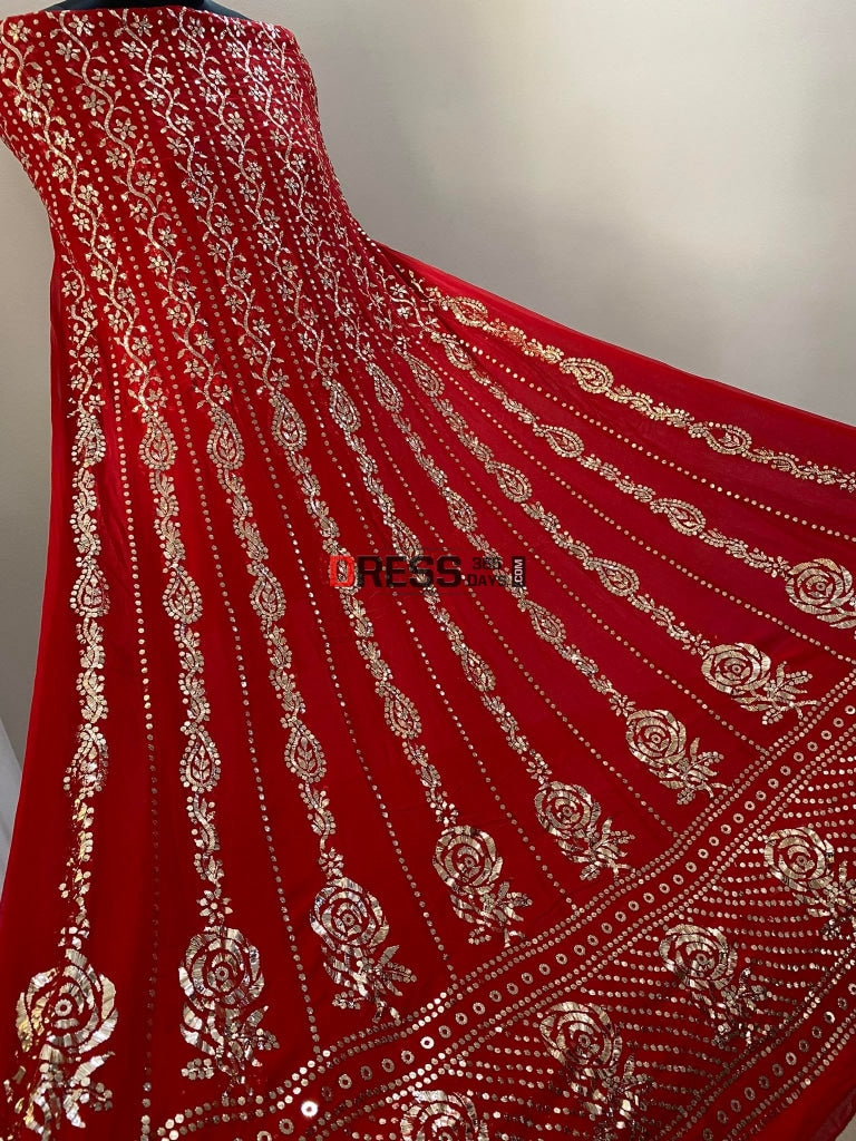 Red Kamdani Anarkali Suit Chikankari