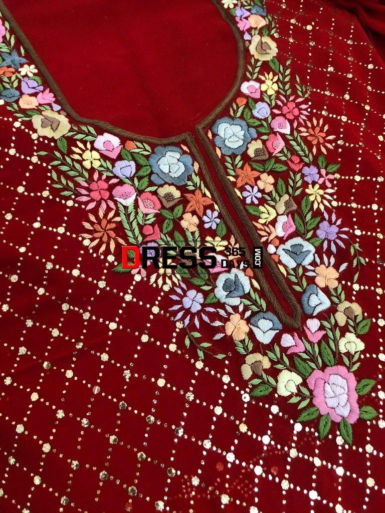 Red Kamdani And Parsi Gara Neckline Suit Chikankari Suits