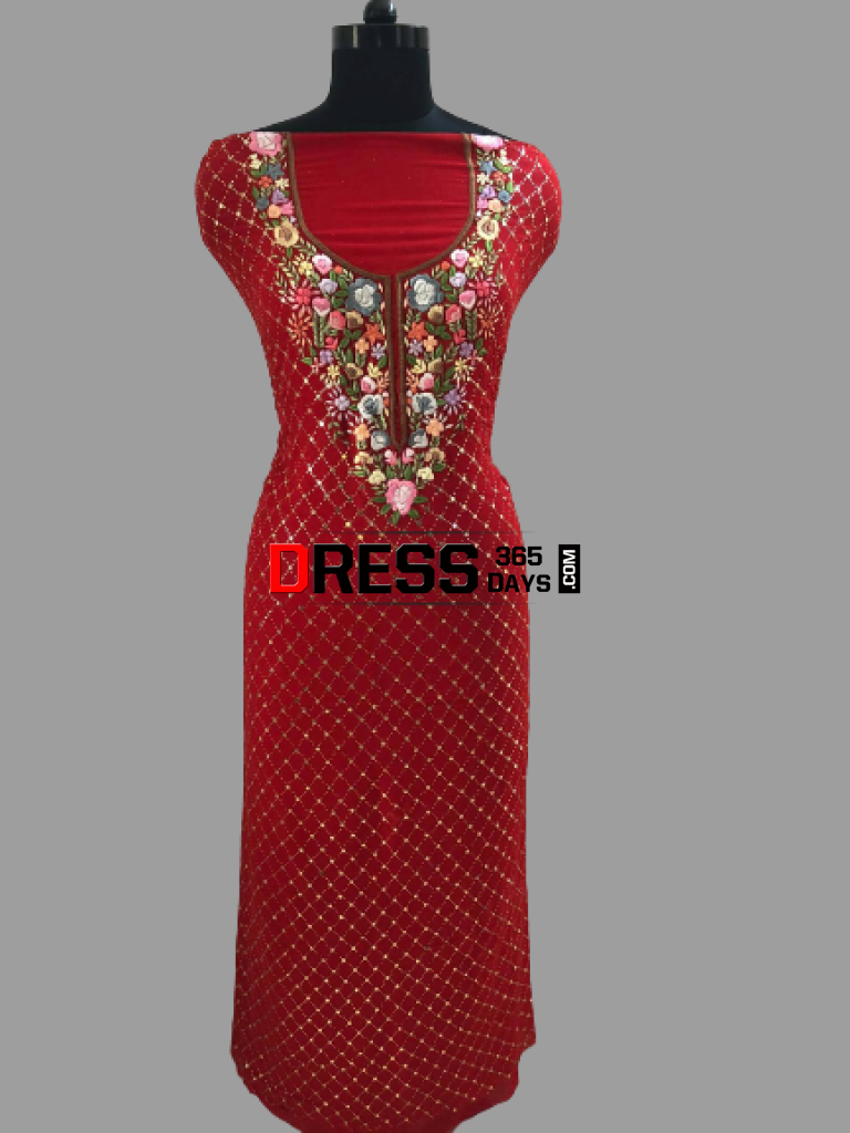 Red Kamdani And Parsi Gara Neckline Suit Chikankari Suits
