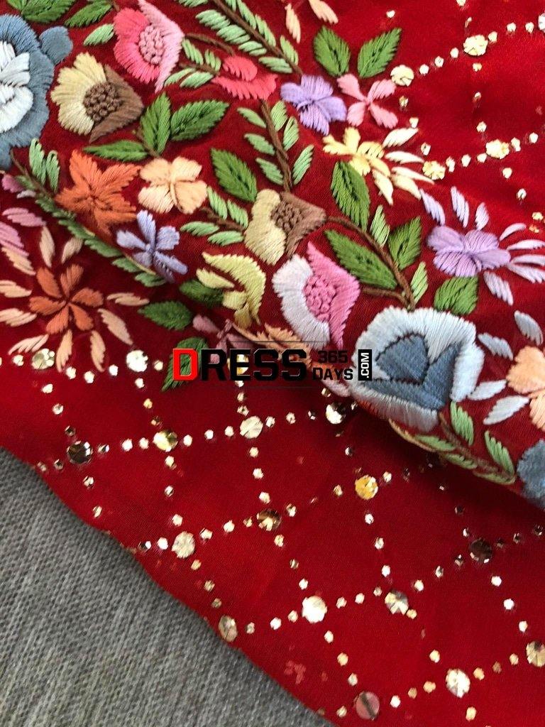 Red Kamdani And Parsi Gara Neckline Suit Chikankari Suits