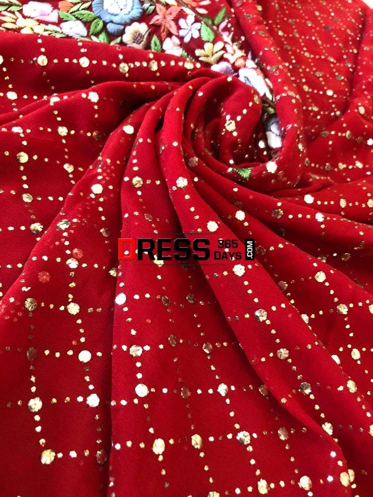 Red Kamdani And Parsi Gara Neckline Suit Chikankari Suits