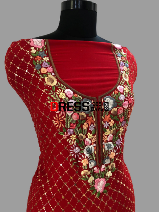 Red Kamdani And Parsi Gara Neckline Suit Chikankari Suits