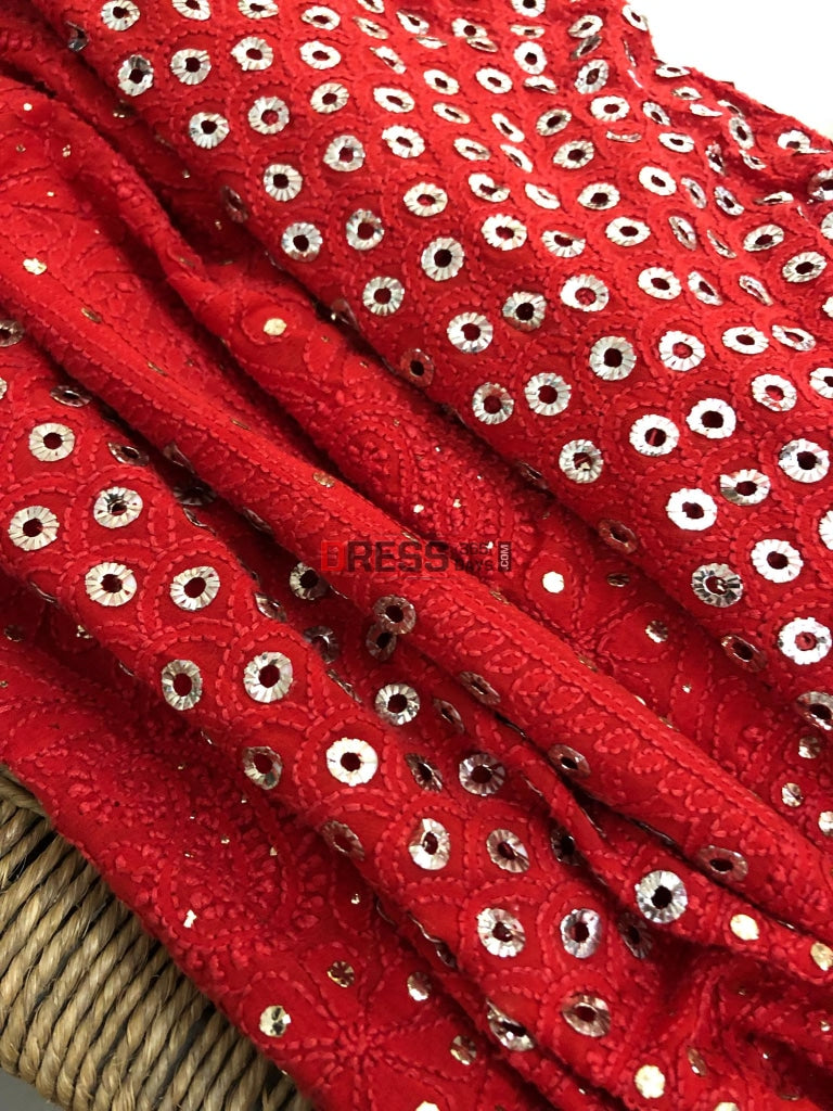 Red Lucknow Chikankari Ring Mukaish Lehenga Set