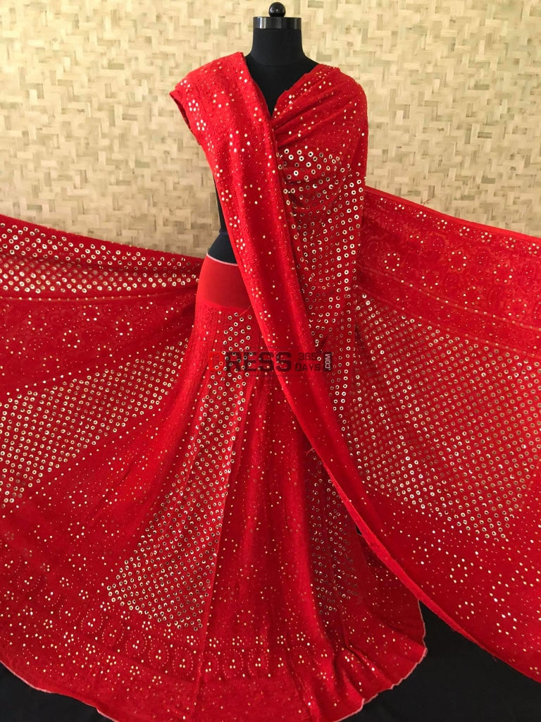 Red Lucknow Chikankari Ring Mukaish Lehenga Set