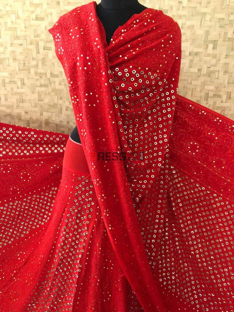Red Lucknow Chikankari Ring Mukaish Lehenga Set
