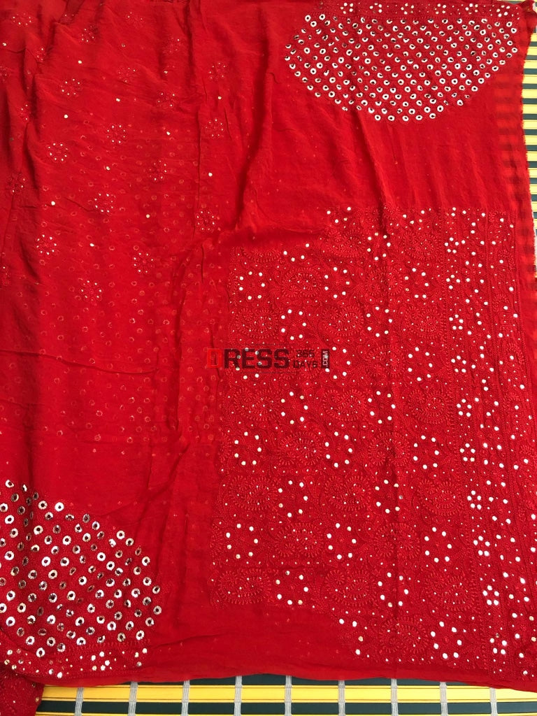 Red Lucknow Chikankari Ring Mukaish Lehenga Set