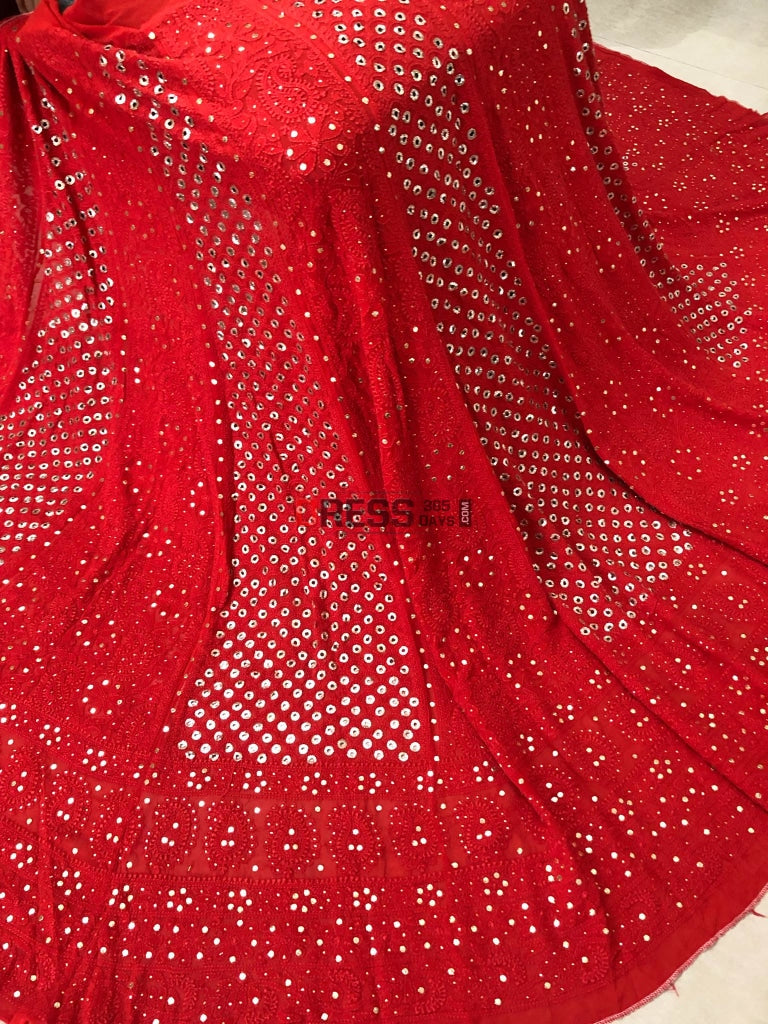 Red Lucknow Chikankari Ring Mukaish Lehenga Set