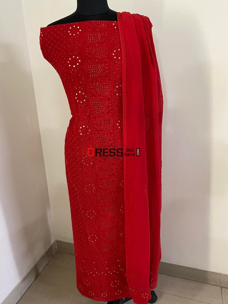 Red Lucknowi Chikankari Mukaish Suit Suits