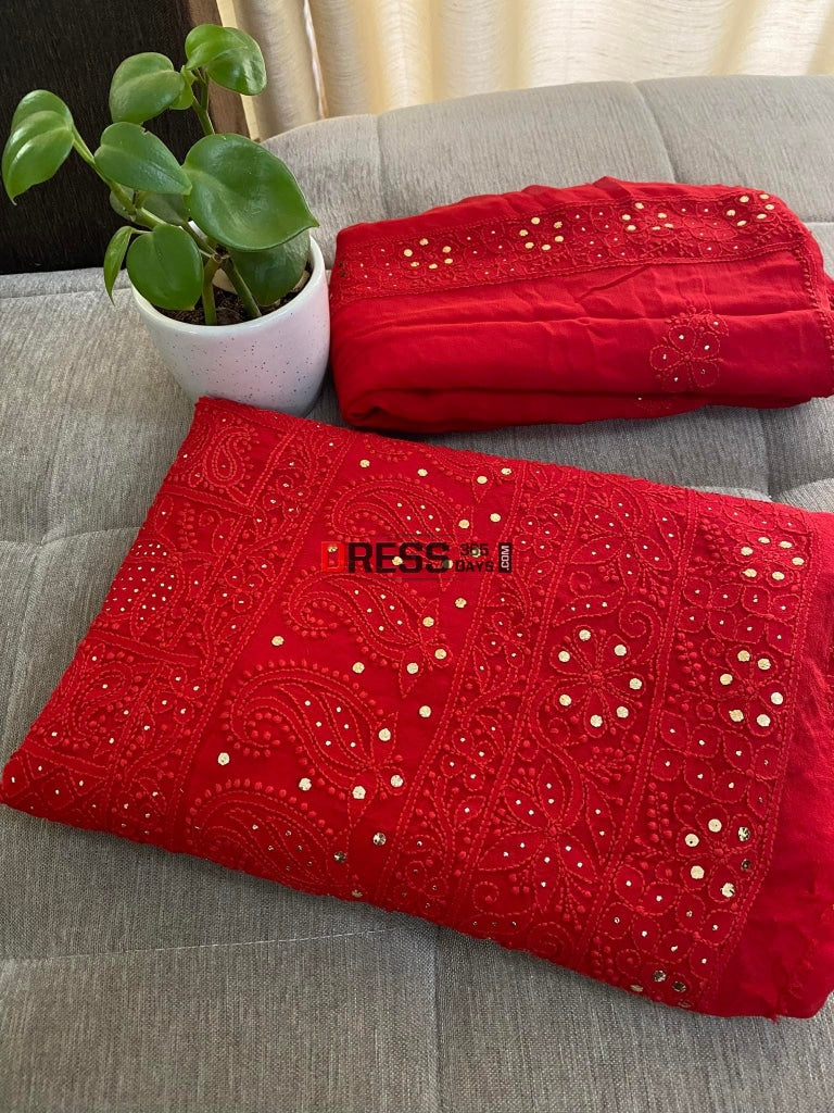 Red Lucknowi Chikankari Mukaish Suit Suits