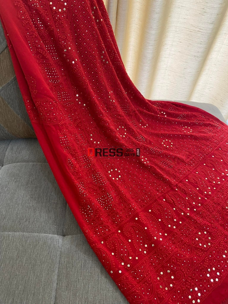 Red Lucknowi Chikankari Mukaish Suit Suits