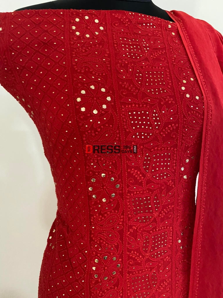Red Lucknowi Chikankari Mukaish Suit Suits