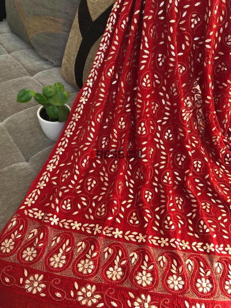 Red Lucknowi Gota Patti Dupatta Chikankari