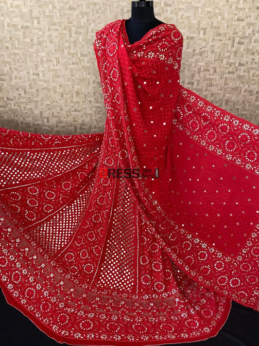 Red Lucknowi Mirror & Gota Patti Lehenga Set Chikankari