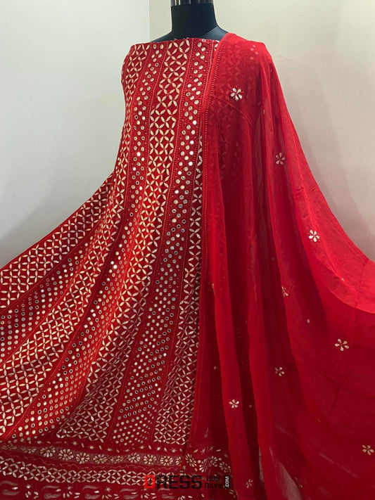 Red Mirror & Gota Patti Chikankari Anarkali Suit