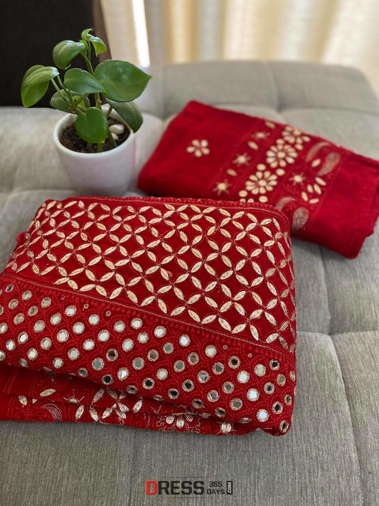 Red Mirror & Gota Patti Chikankari Anarkali Suit