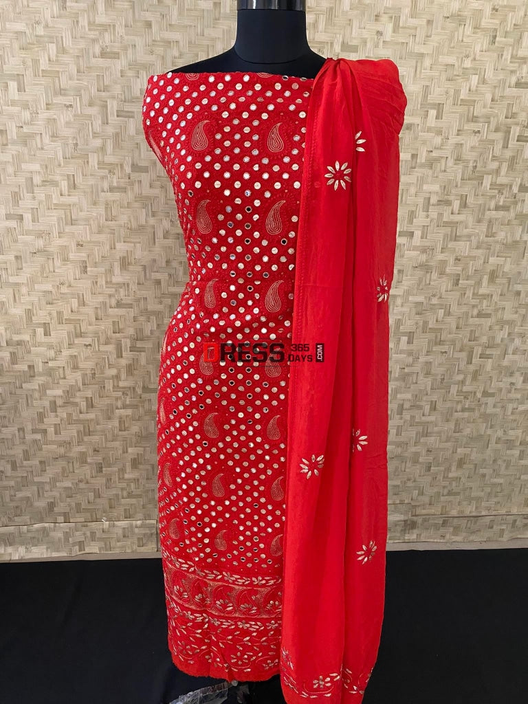 Red Mirror & Gota Patti Chikankari Suit Suits