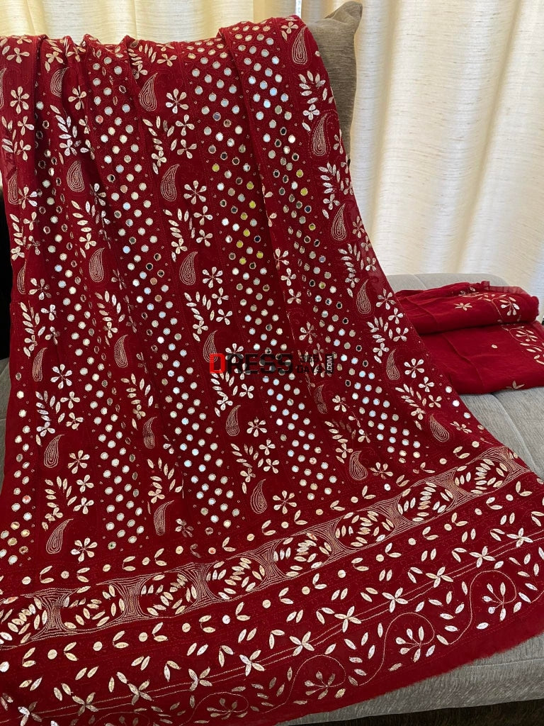 Red Mirror & Gota Patti Lucknowi Chikankari Suit Suits