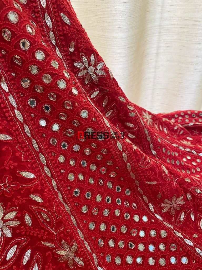 Red Mirror & Gota Patti Work Chikankari Anarkali Suit