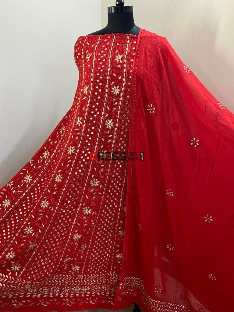 Red Mirror & Gota Patti Work Chikankari Anarkali Suit